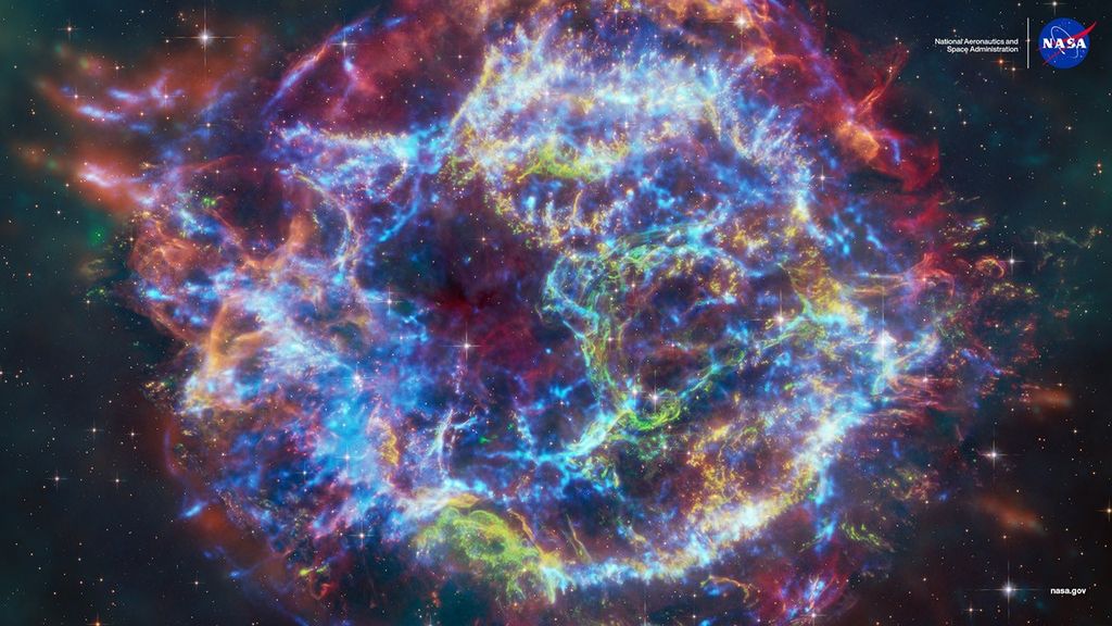 Colorful composite image of the supernova remnant Cassiopeia A, showing intricate, glowing filaments in blue, red, green, and yellow. Captured using NASA’s James Webb and Chandra telescopes, the image reveals expanding shockwaves and stellar debris from the exploded star, set against a star-filled background.