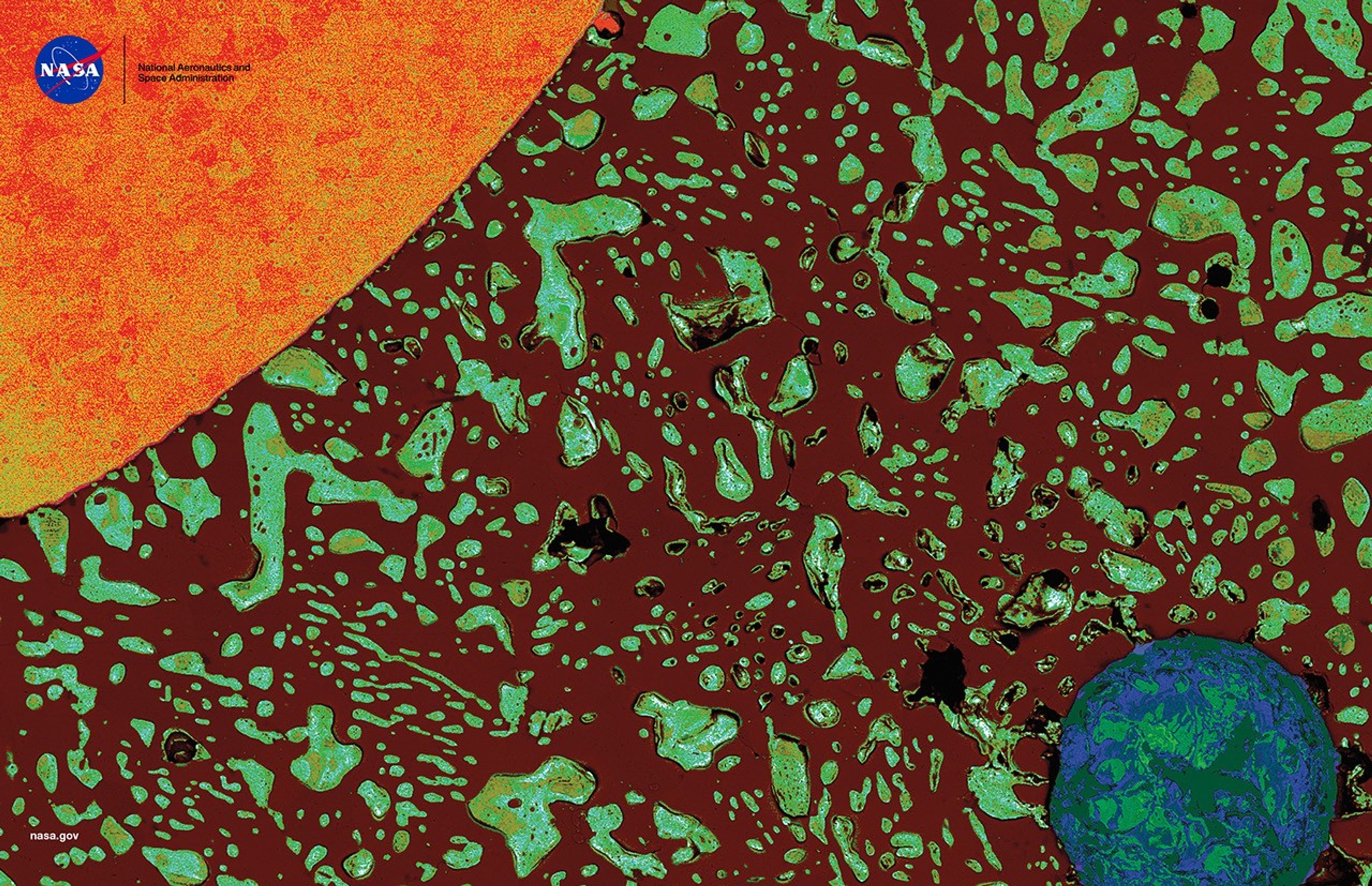 Microscopic cross-section of a solder bead showing a copper wire (orange, upper left) and void (blue-green circle, lower right) surrounded by dark brown and greenish-blue solder material, resembling a solar system with the wire as the sun and void as Earth.