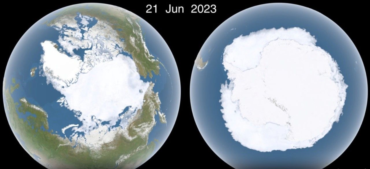 Side-by-side satellite views of the Arctic (left) and Antarctic (right) sea ice extent on June 21, 2023.