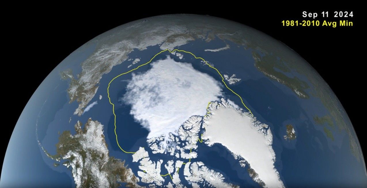 Satellite view of Arctic sea ice extent on September 11, 2024, with a yellow line showing the 1981–2010 average minimum for comparison.