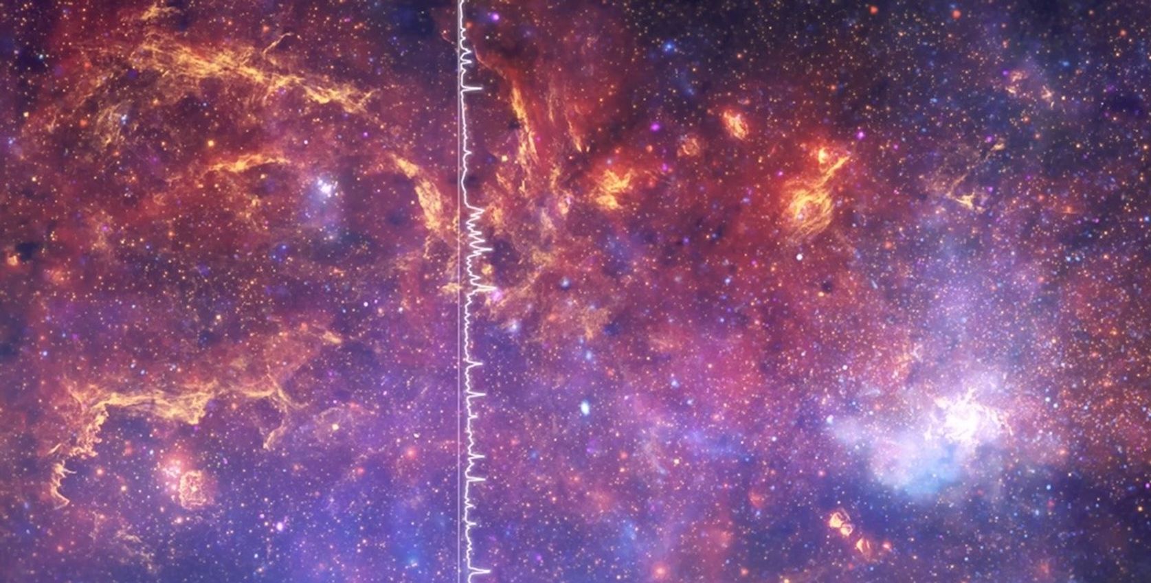 Composite image of the Milky Way’s center in X-ray, infrared, and radio light, with a vertical white waveform line representing a data sonification of the region.