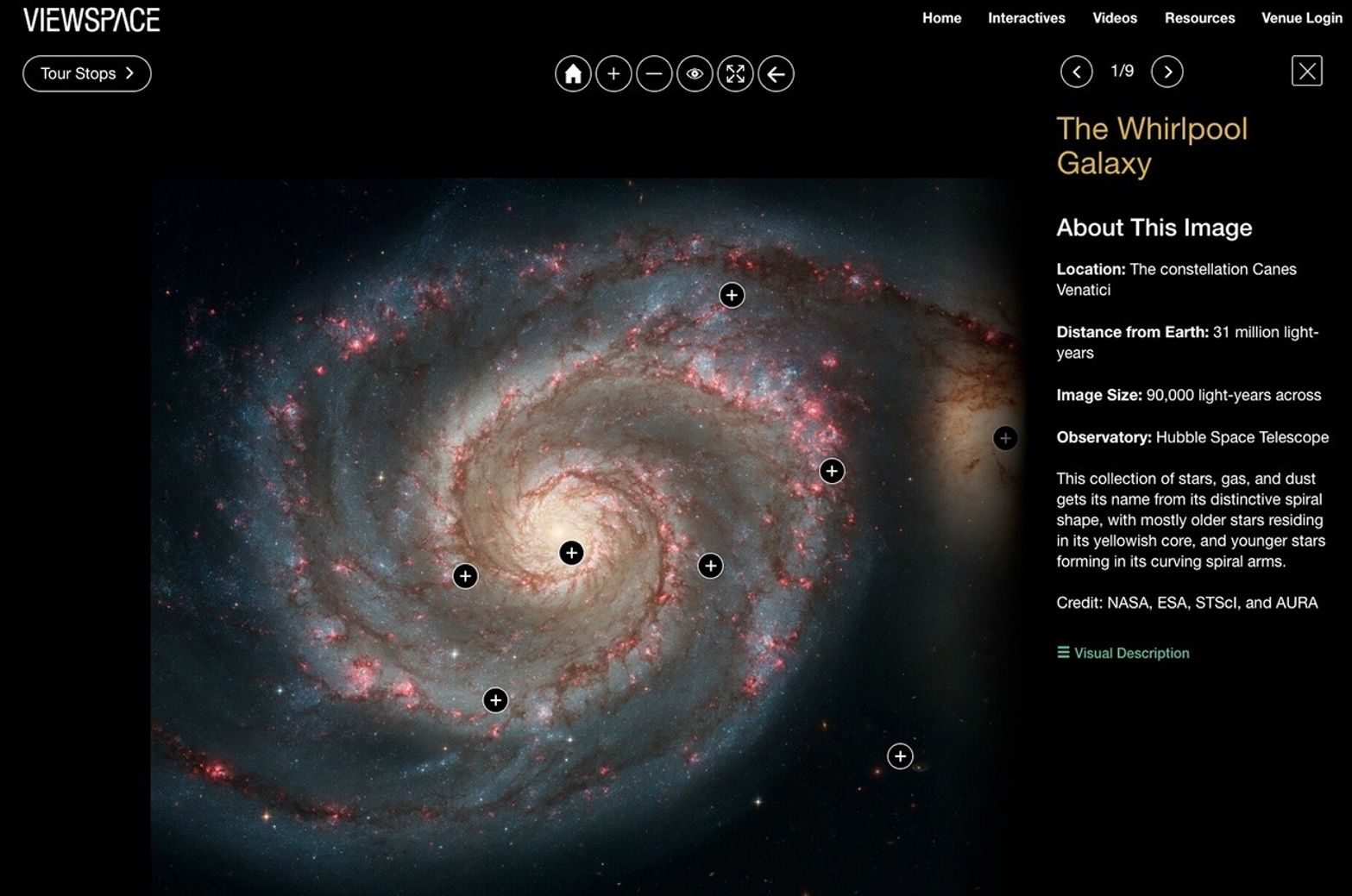 Interactive ViewSpace display showing the Whirlpool Galaxy’s spiral structure with labeled points and facts about its location, distance, and composition.