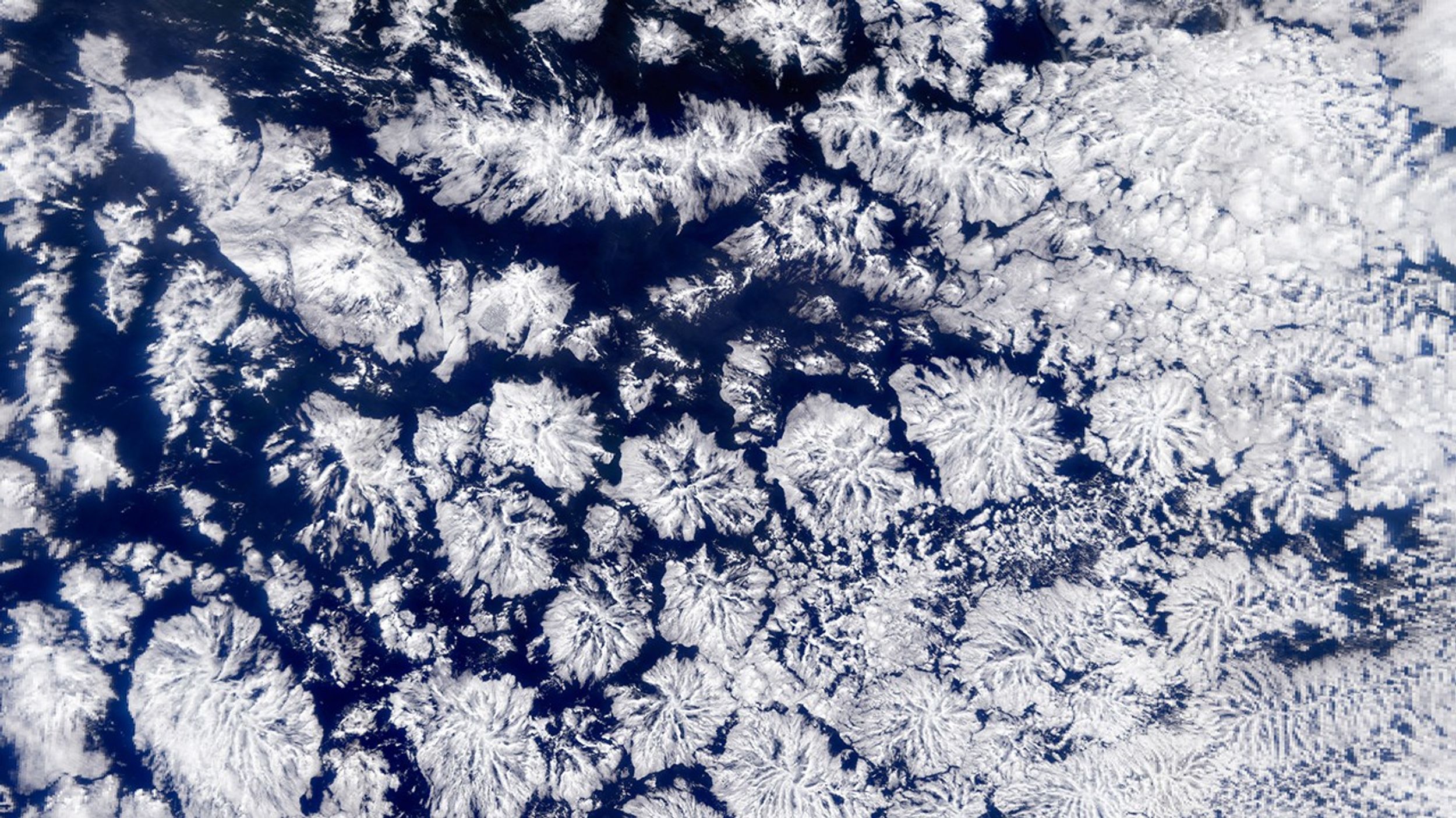 Impactante imagen satelital de nubes actinoformes sobre el océano Pacífico cerca de Perú, tomada el 14 de julio de 2024 por el Instrumento de color del océano a bordo del satélite PACE de la NASA. La imagen muestra numerosas formaciones de nubes blancas con patrones radiales característicos que se extienden hacia afuera, como copos de nieve o brotes de estrellas, contra el fondo azul oscuro del océano. Estas formaciones especializadas de nubes, llamadas actinoformes por la palabra “rayo” en griego, muestran una notable estructura geométrica con filamentos que se extienden desde su núcleo central. Se observan nubes de diversos tamaños por todo el encuadre, creando un patrón natural semejante a copos de nieve bajo una lupa o vistas aéreas de picos de montañas. Este tipo de observaciones ayuda a los científicos a estudiar la formación, el movimiento y la disipación de las nubes para comprender mejor los patrones meteorológicos y el presupuesto energético de la Tierra, ya que algunas nubes reflejan la energía solar mientras que otras atrapan el calor cerca de la superficie.