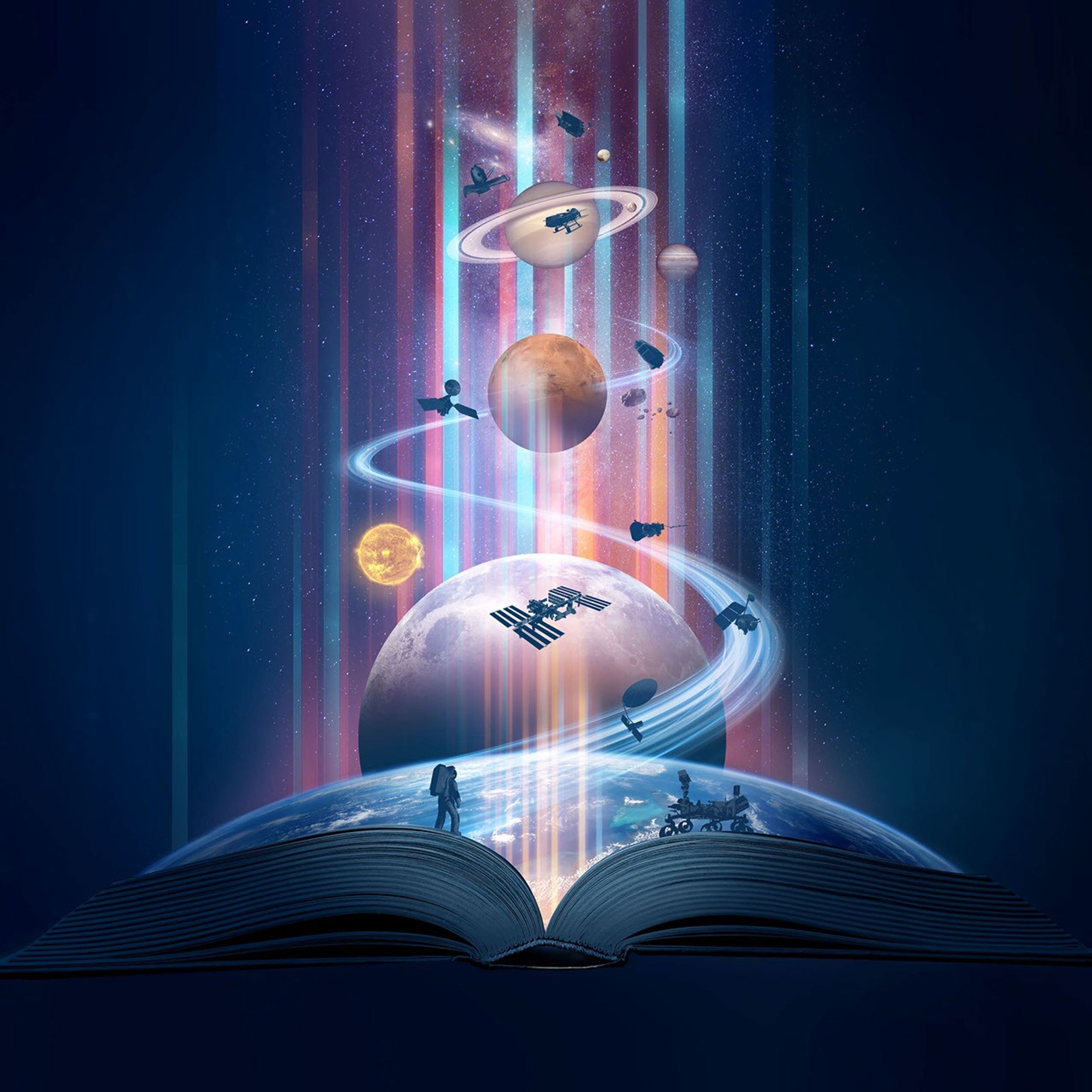 NASA Science 2026 artwork commemorating America's 250th Anniversary. The illustration uses blue tones with warm pastel accents showing humanity's space exploration journey. An open history book at the bottom emits light, with Earth emerging above it. A pathway extends from the book past the Moon, Mars, and Saturn into deep space, featuring spacecraft including NISAR, ISS, Parker Solar Probe, LRO, MRO, Dragonfly, NEO Surveyor, Webb, and Roman Space Telescope. An Artemis astronaut and robotic rover appear on opposite pages of the book, with the astronaut stepping onto the cosmic path—symbolizing how scientific discovery leads the way for human exploration in our journey beyond Earth.