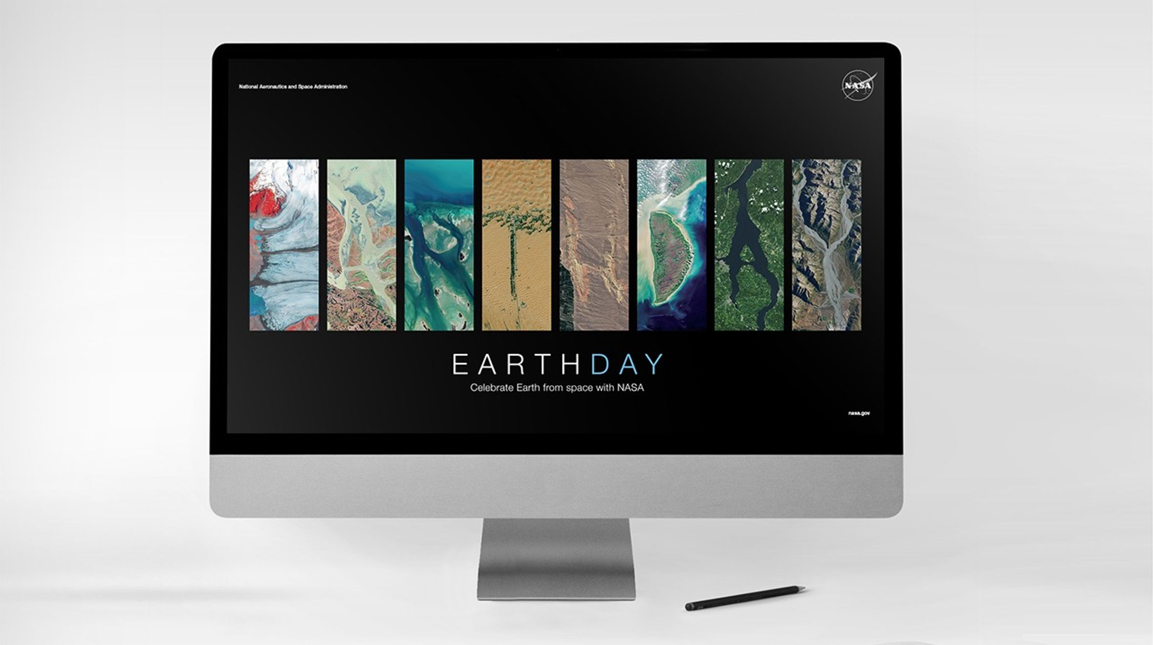 Poster featuring vertical satellite images of Earth's diverse landscapes arranged to spell "EARTHDAY." Below the images, text reads: “Celebrate Earth from space with NASA” on a black background.