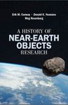 Book cover for "A History of Near-Earth Objects Research" featuring Earth from space with an asteroid in the foreground and a starry background.