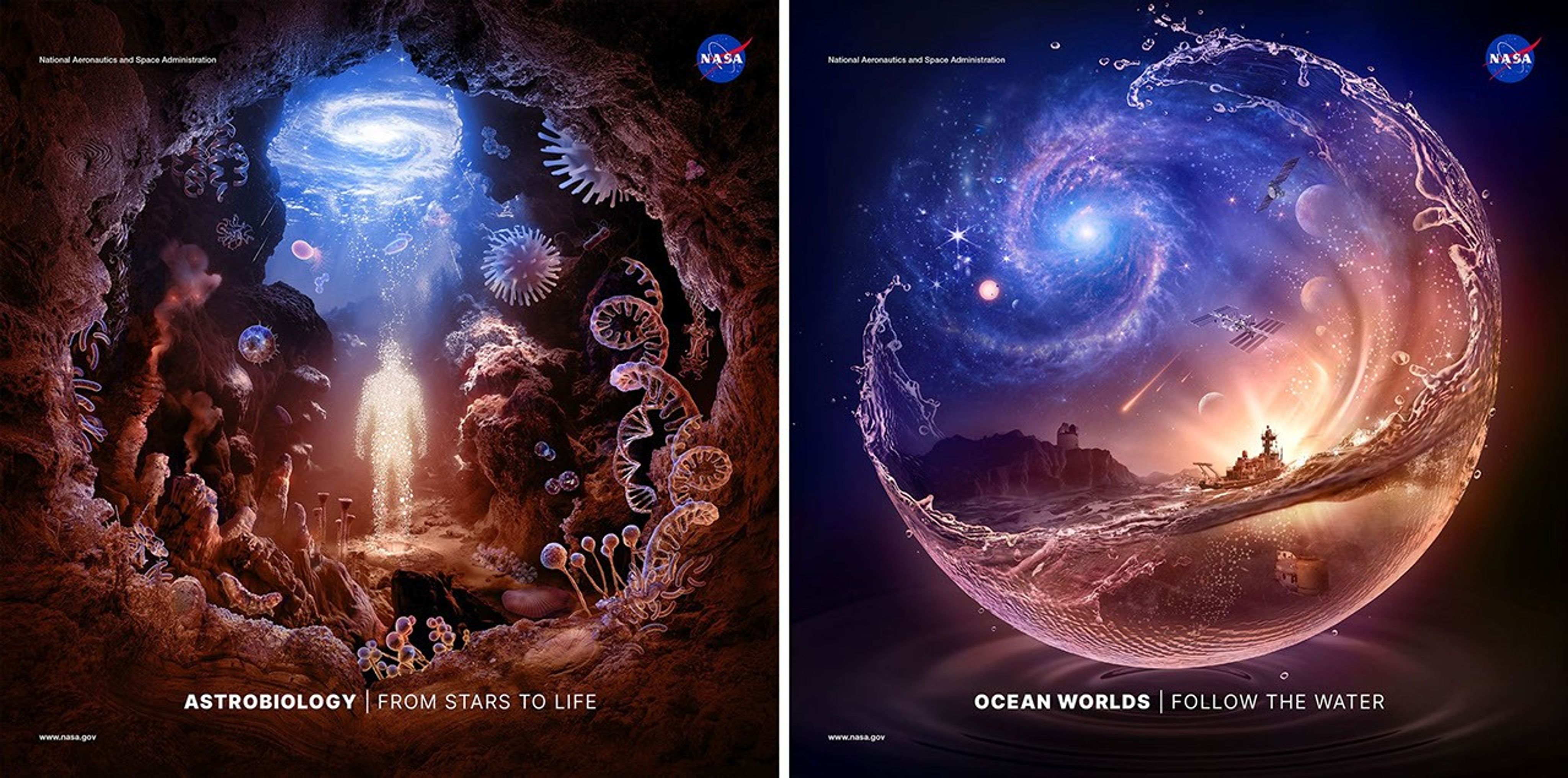 Left, Astrobiology poster and right, Ocean Worlds poster.