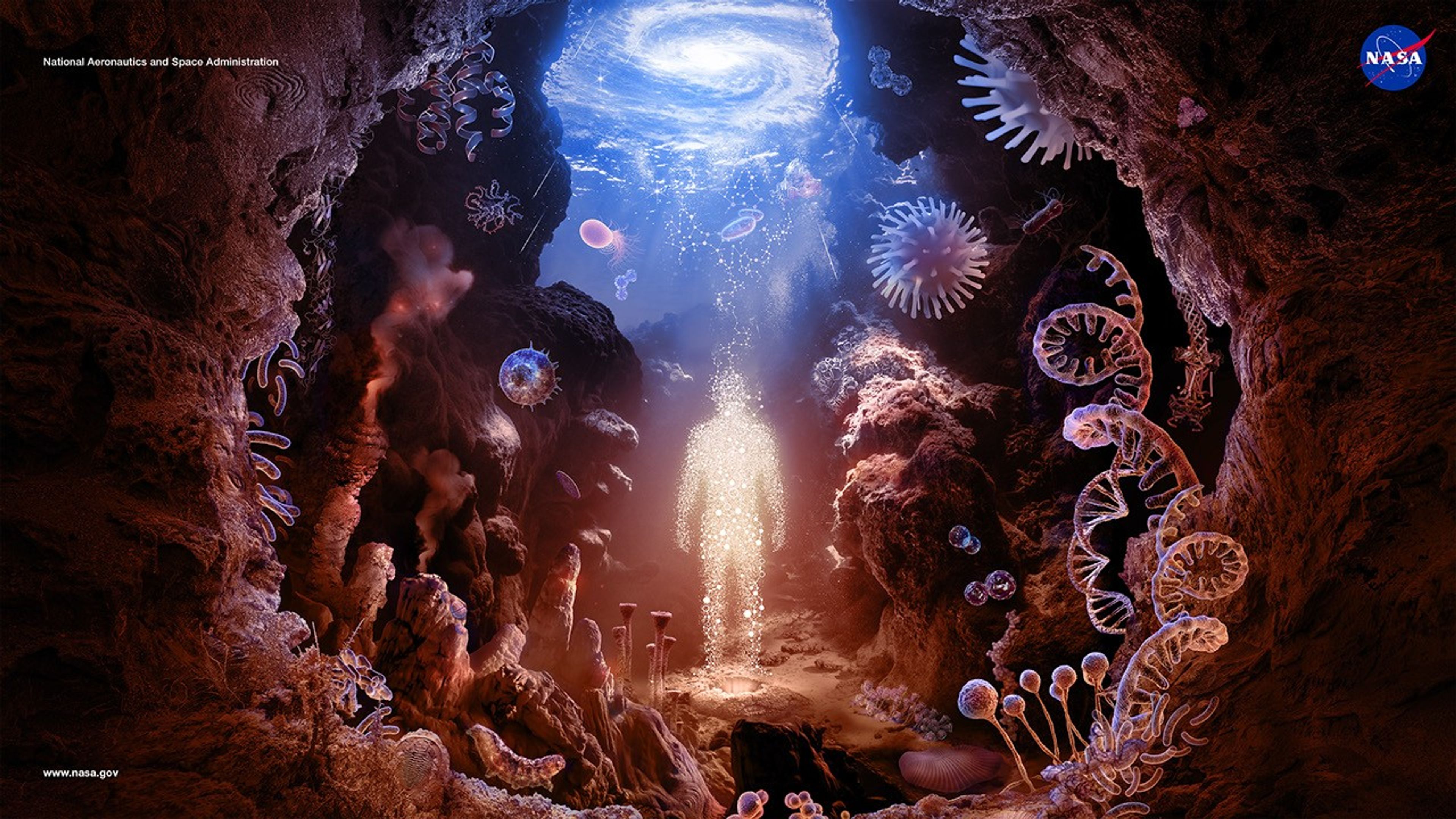 This illustration depicts a warm hued underwater landscape framed by a spherical cave opening. The microscopic building blocks of life - molecules, amino acids, proteins, bacteria, microorganisms, and extremophiles - appear to grow on surfaces and float throughout the composition. Ediacaran fossils are embedded in the surrounding rock. Hot smokers and stromatolites decorate the foreground and slime molds and lichens fill out the scene. A central hydrothermal vent emits glowing gold particles which coalesce into the shape of a human being. Molecular structures intersperse with these particles and drift upward toward the water’s blue-lit surface. The rippling reflection on surface resembles a distant spiral galaxy. From stars to life, we are the same.