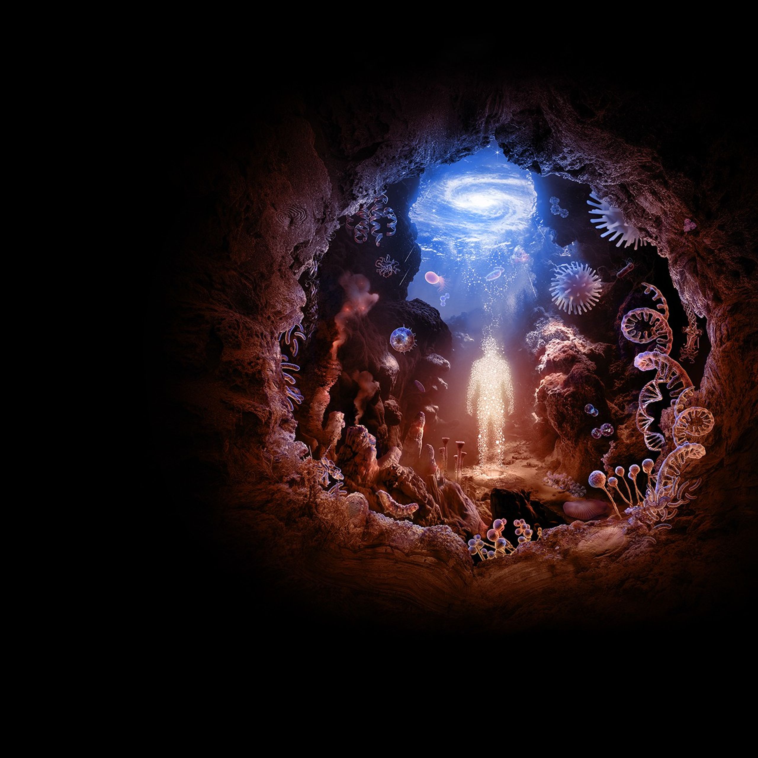 This illustration depicts a warm hued underwater landscape framed by a spherical cave opening. The microscopic building blocks of life - molecules, amino acids, proteins, bacteria, microorganisms, and extremophiles - appear to grow on surfaces and float throughout the composition. Ediacaran fossils are embedded in the surrounding rock. Hot smokers and stromatolites decorate the foreground and slime molds and lichens fill out the scene. A central hydrothermal vent emits glowing gold particles which coalesce into the shape of a human being. Molecular structures intersperse with these particles and drift upward toward the water’s blue-lit surface. The rippling reflection on surface resembles a distant spiral galaxy. From stars to life, we are the same.    125%