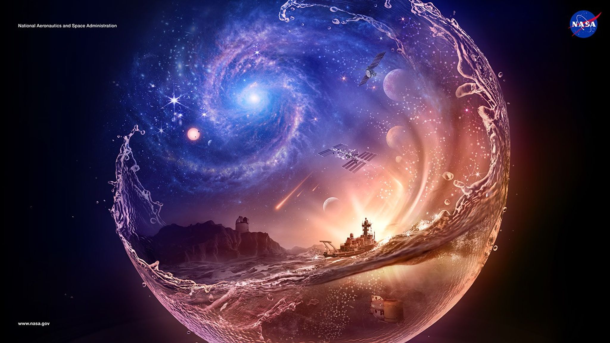 An illustration of an ocean wave framed inside a droplet of water in sunset colors of pinks, blues, and purples. The wave sweeps around to the right, following the motion of luminescent pink, golden auroras on the horizon. The auroras and water curve upward through the sky, meeting up with a large bluish/purplish spiral galaxy in the upper left. On the far side of the galaxy is an exoplanet system and distant deep field galaxies. On the auroral path is Earth’s Moon, the asteroid Bennu, Mars, and Europa - all bodies in our solar system where water has been found. Above the horizon, the international space station hovers in the sky, while the Europa Clipper mission hovers near Jupiter’s icy moon. Molecular structures drift up from the ocean’s depths, becoming constellations once they reach the sky. They follow the auroras and cresting water upward toward the galaxy, connecting life to the stars. A few meteors streak across the middle sky. Backlit by the setting sun, a NASA-funded research vessel sails in the foreground. Below the water’s surface, the vessel’s submersible explores the ocean’s depths. A ground-based observatory perches on a cliff on the horizon.