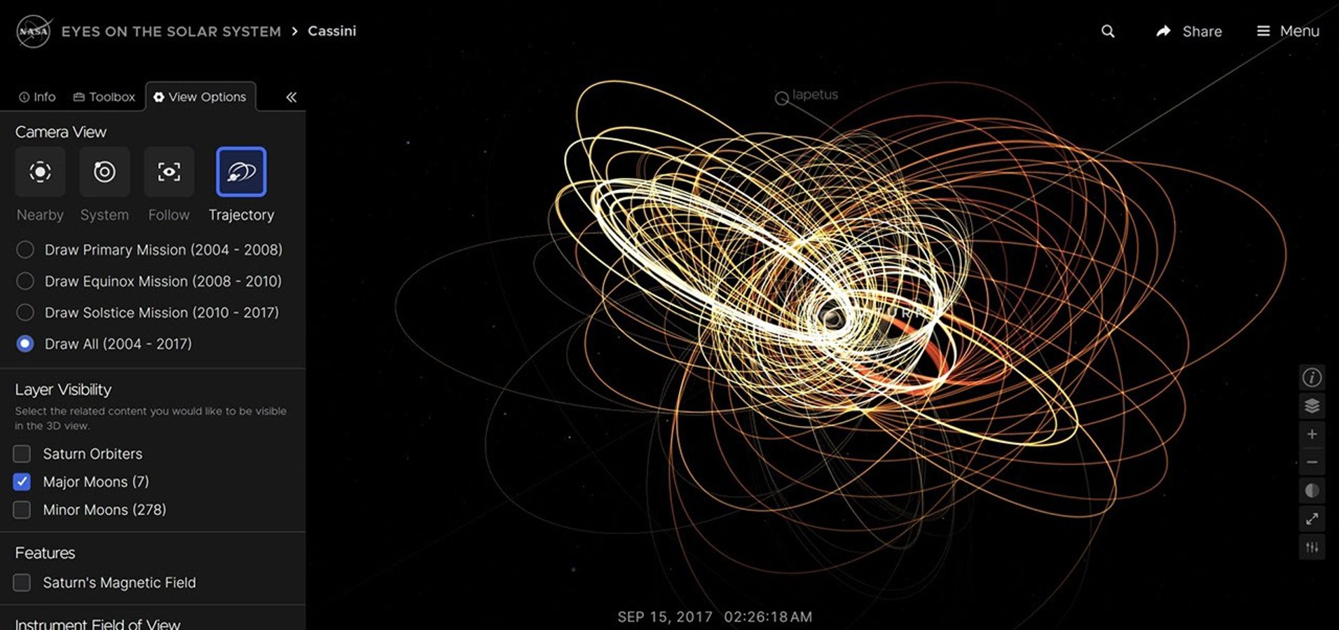 A screenshot from NASA's Eyes on the Solar System showing an image of the orbit lines of the Cassini mission from 2004-2017 as rendered in NASA's Eyes on the Solar System.