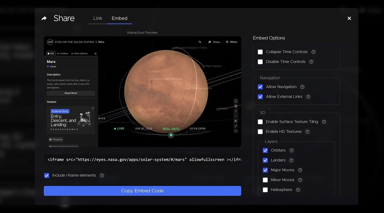 A screenshot from NASA's Eyes on the Solar System showing the embed generator using the example of Mars, with text options on the right side for disabling time controls, activating minor moons, and displaying the heliosphere.