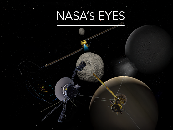 NASA's Eyes app suite banner. Displaying Cassini, DART and Voyager spacecraft on a space background with Saturn, Dimorphos, Didymos and Enceladus.