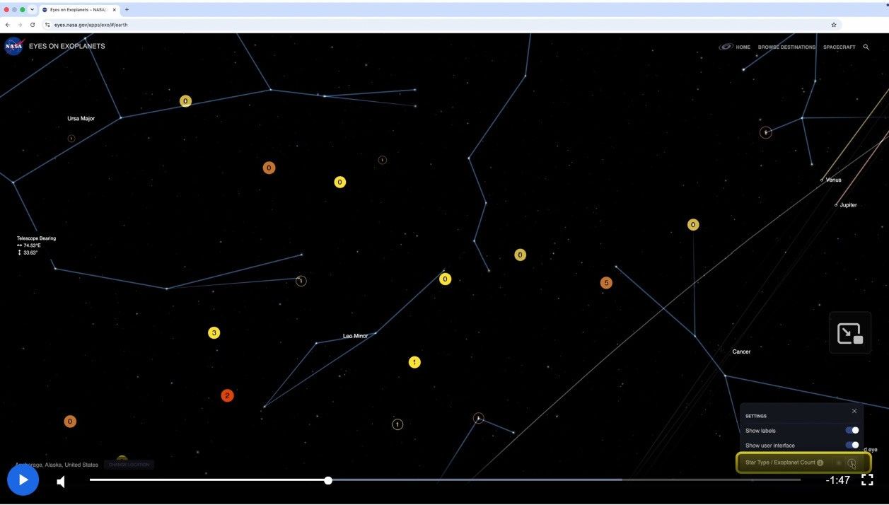 An image taken from a video tutorial showing a series of exoplanet markers in the sky with nearby constellations.