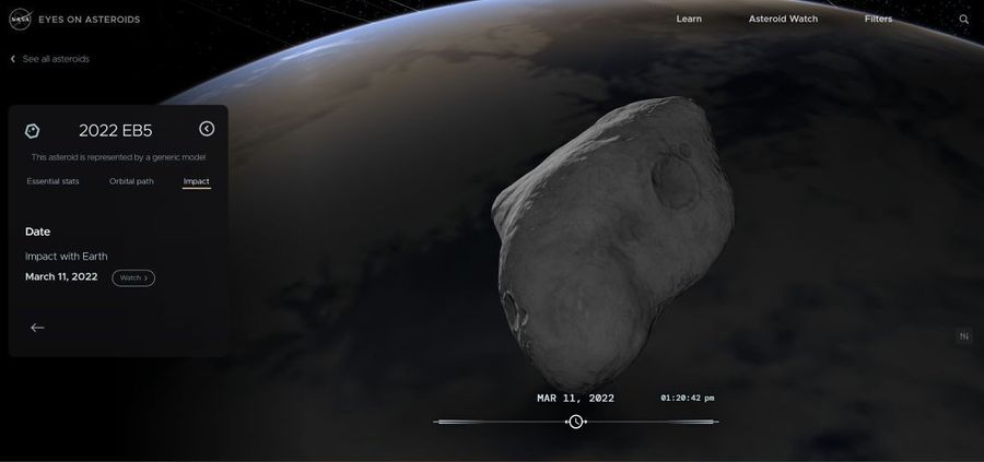 An image take from the web application Eyes on Asteroids showing the asteroid 2022 EB5 above the Earth as it heads towards an impact on March 11, 2022.