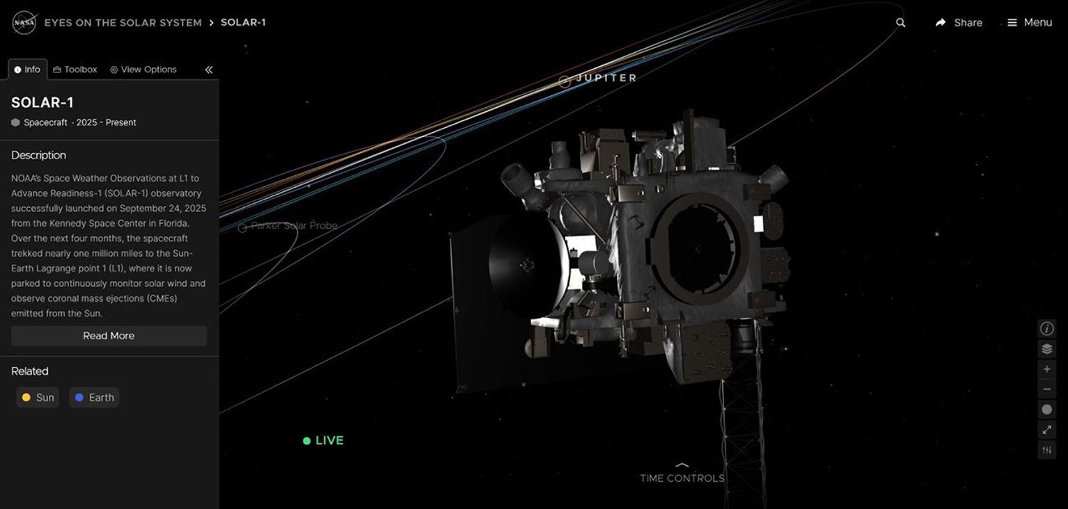 An image from the Eyes on the Solar System application showing the new SOLAR-1 spacecraft that was added to the app in August of 2026.