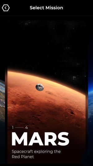 An image of the Curiosity rover mission beginning its approach to Mars as seen in the Mars menu selection screen in the mobile application Spacecraft AR.