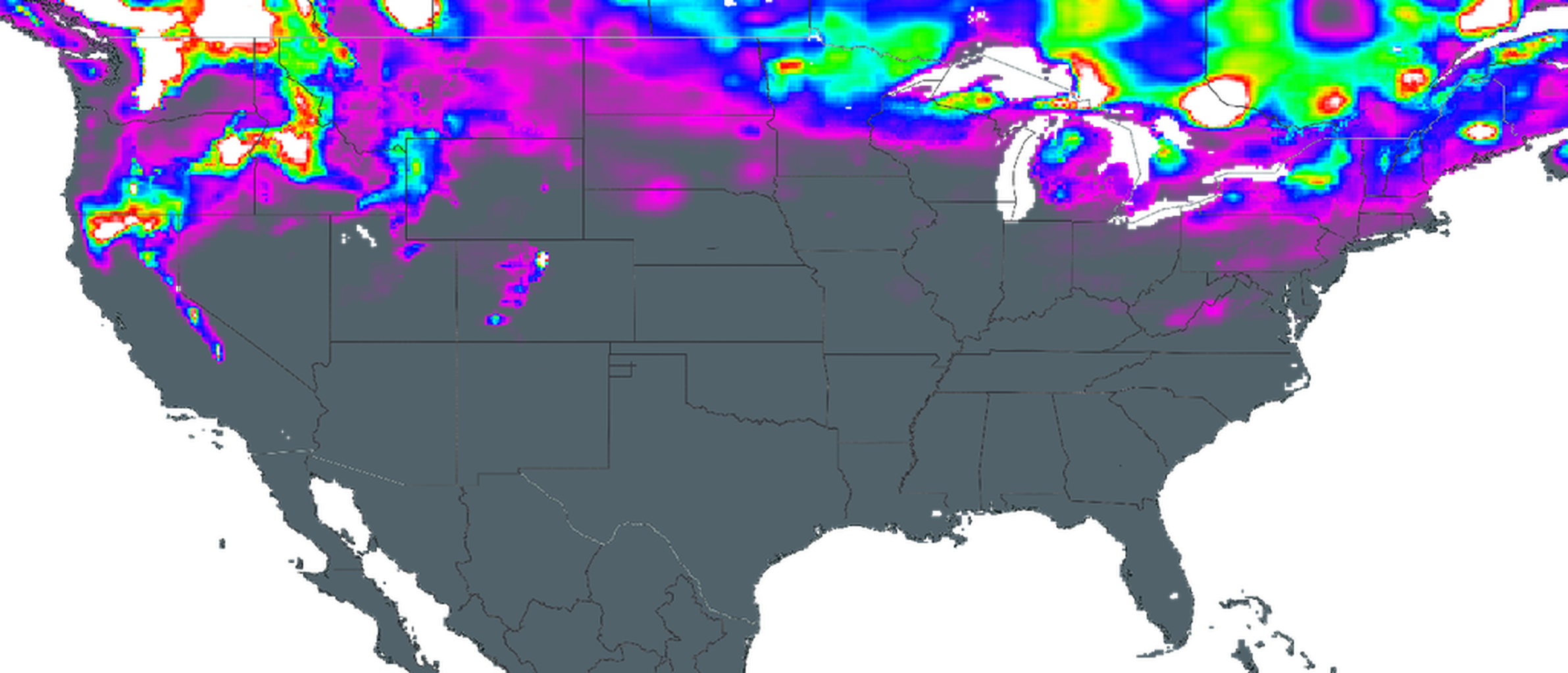 An image from space from the SMAP mission in false color. This image shows the water content of the snowpack across the Continental United States in mid February 2025. White, red, and green colors indicate deeper snow that contains more water. There is more water in the northern areas than the southern United States.
