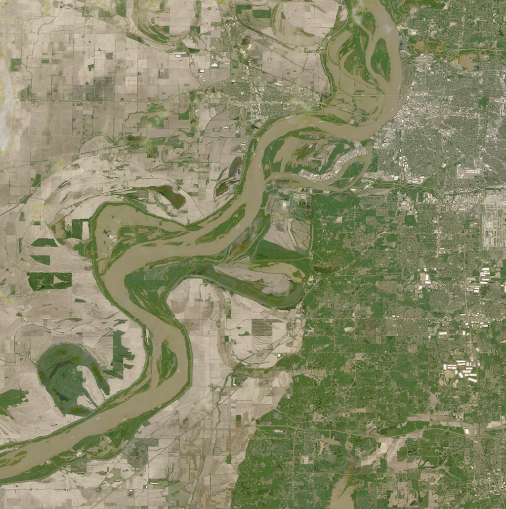 A view from orbit of the city of Memphis, Tennessee, with a flooded Mississippi river.