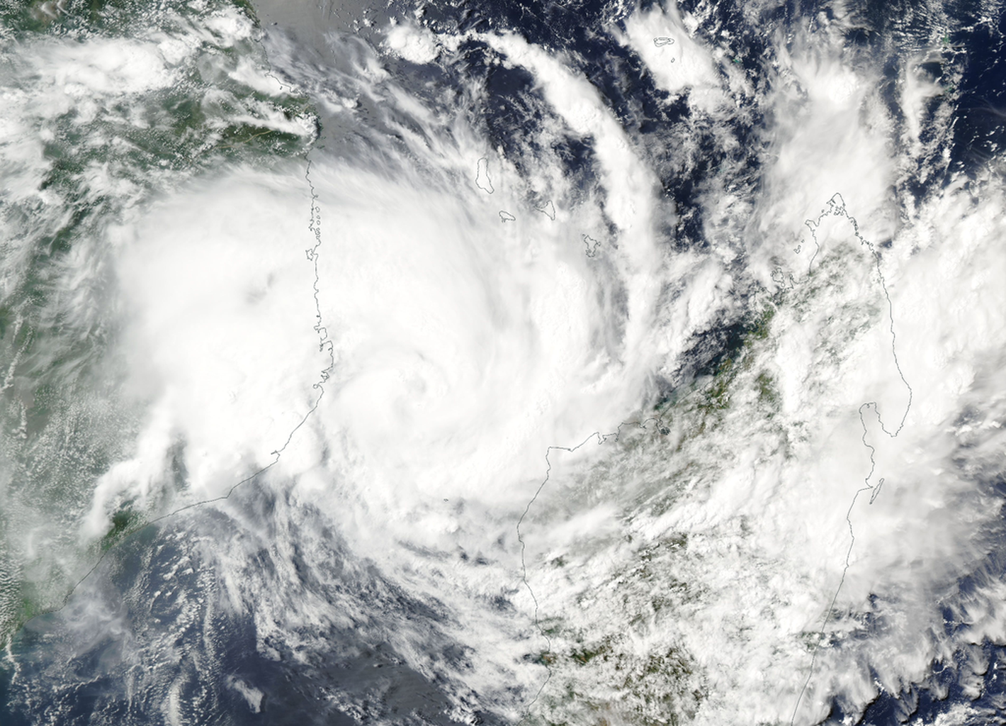 An image from orbit showing Tropical Cyclone Jude approaching Mozambique.