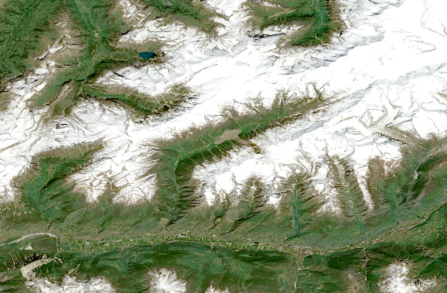 A view from orbit of a glacier in Switzerland, with green valleys and white snow in the mountains.