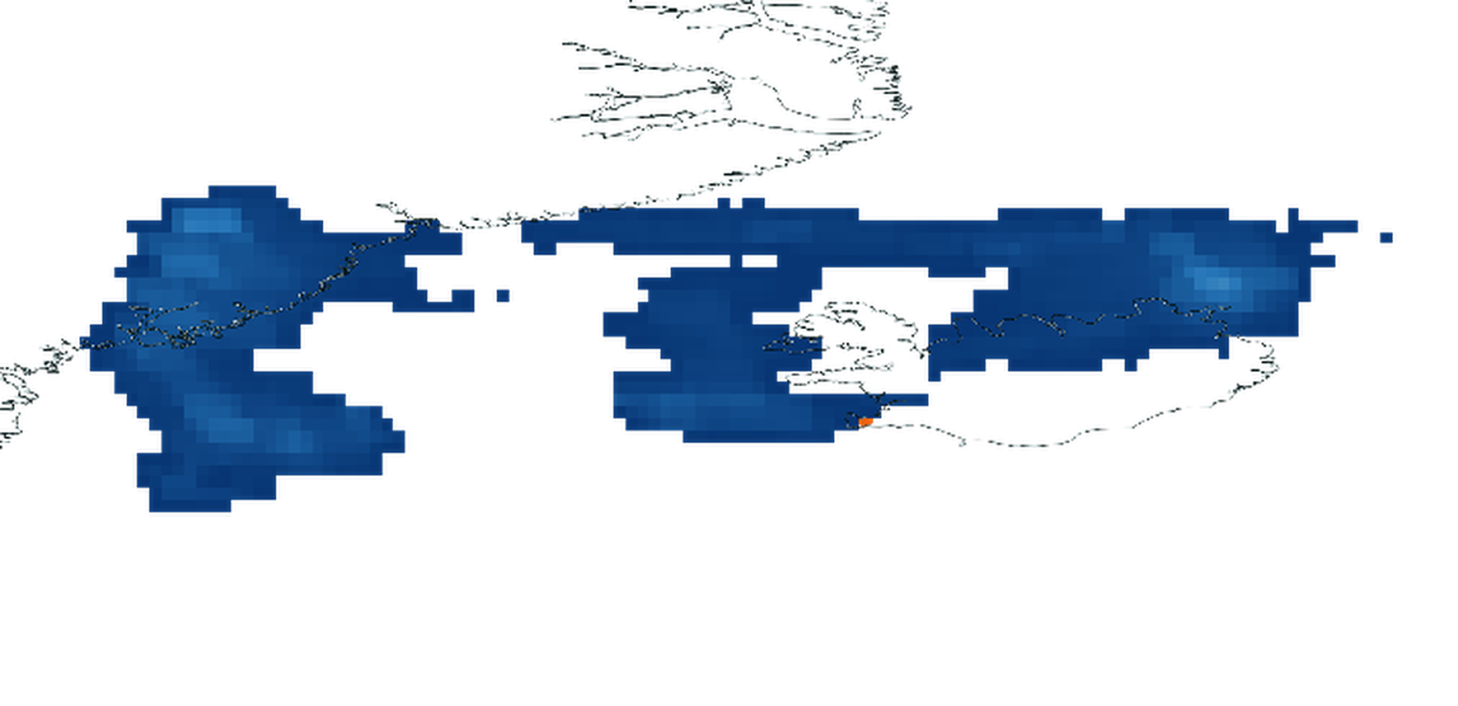An image of sulfur dioxide concentration, shown in blue, with lighter blue indicating higher concentrations, coming from an ongoing volcanic eruption in Iceland.