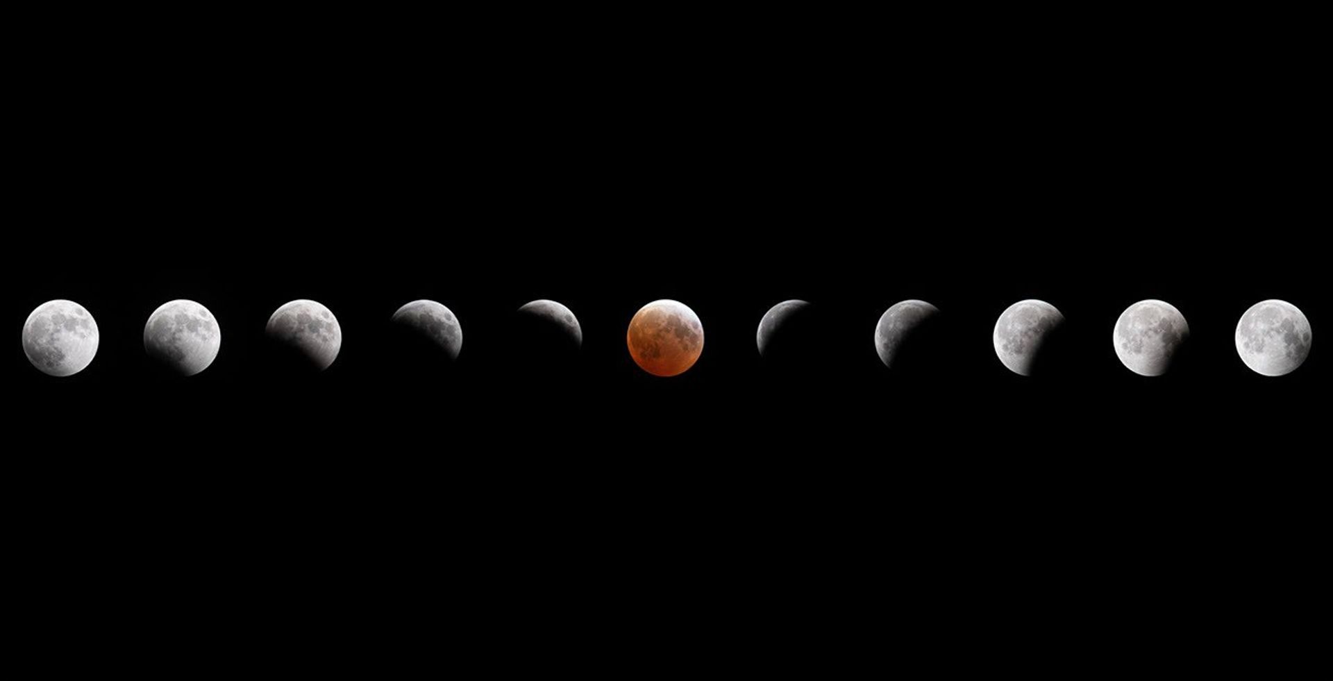 Composite image showing the progression of a lunar eclipse, with the Moon transitioning from full to partial shadow, turning red at totality in the center, and then returning to full brightness.