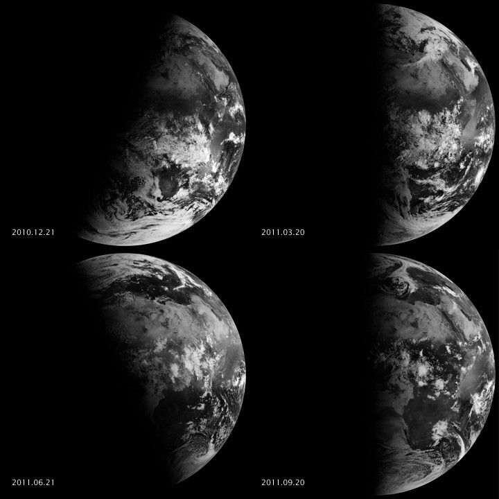 Four black-and-white satellite images of Earth taken from space on different dates in 2010 and 2011, showing how sunlight illuminates different portions of the planet throughout the seasons: December 21, March 20, June 21, and September 20.