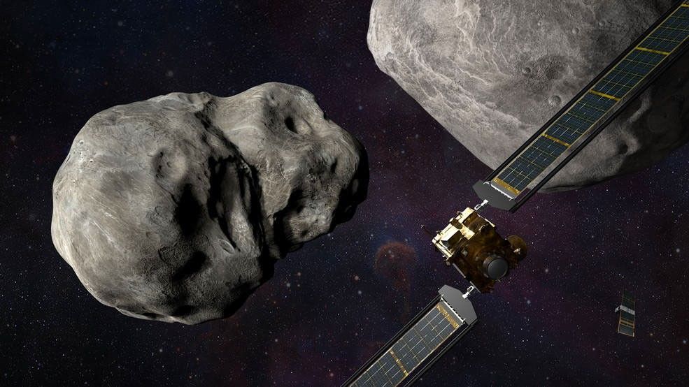 Ilustración de la nave DART de la NASA y del LICIACube de la Agencia Espacial Italiana (ASI) antes del impacto en el sistema binario Didymos.
