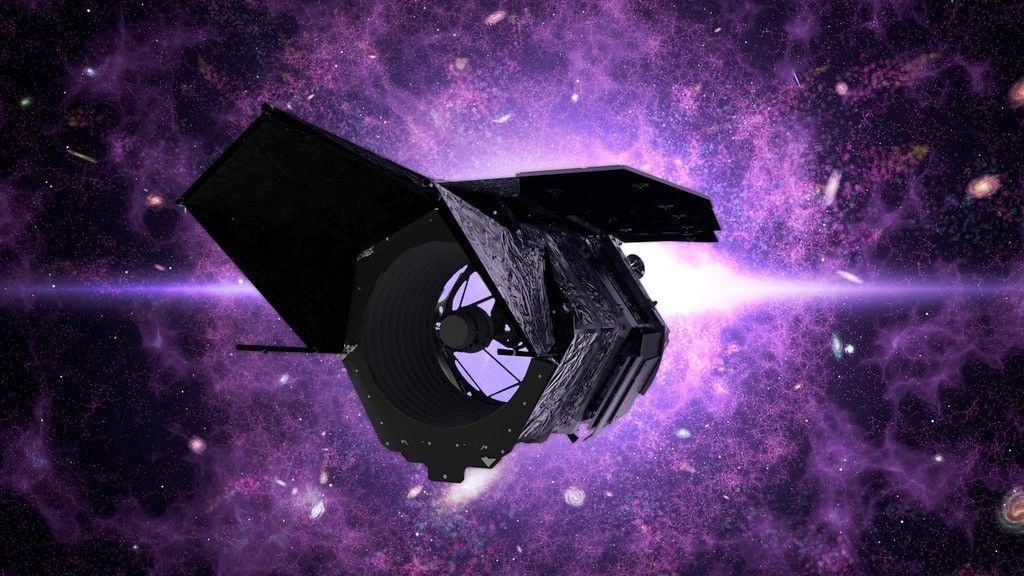 Nancy Grace Roman Telescope against a purple galaxy