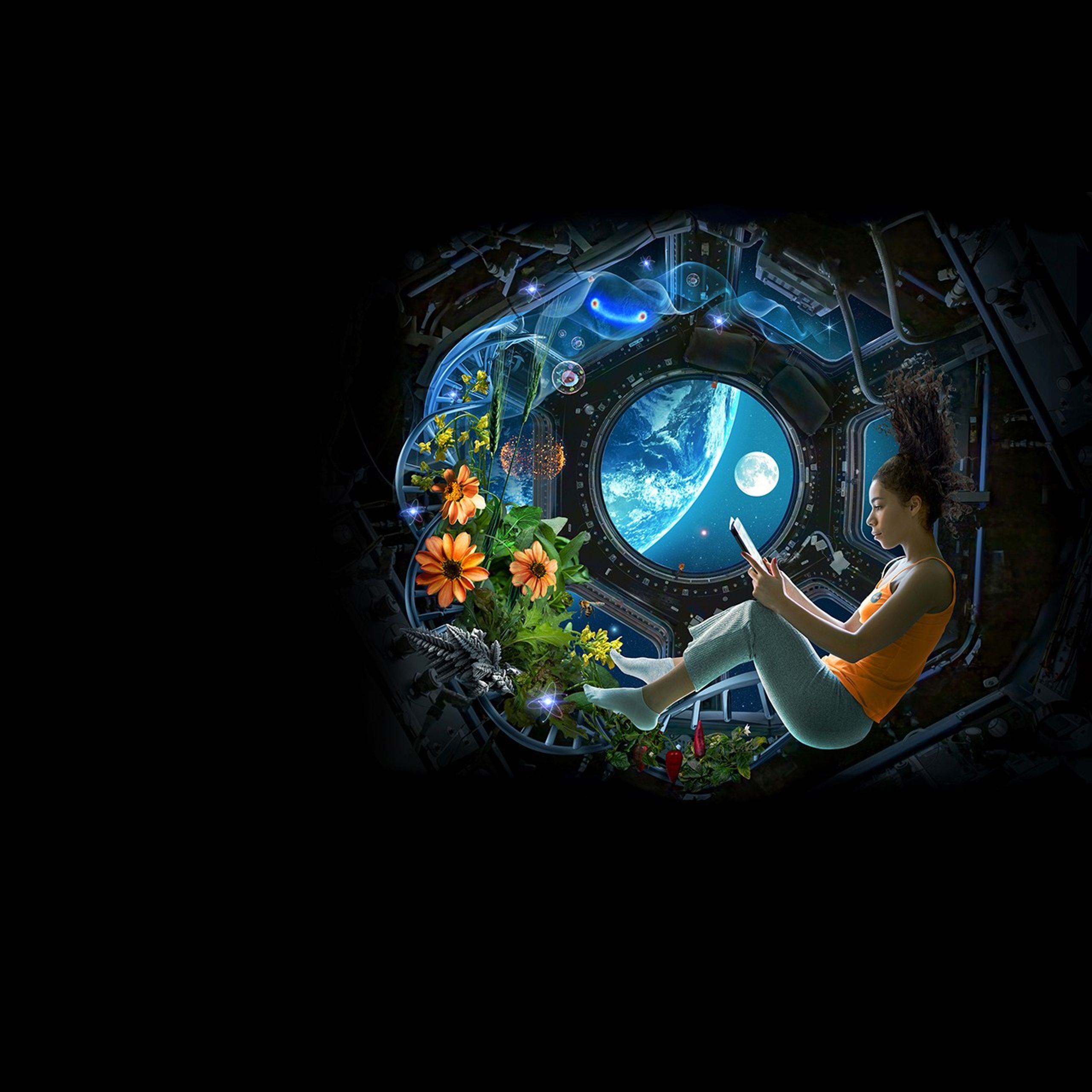 An artist's concept composed of cool blues and greens with orange accent colors depicting a plain clothed female astronaut reading a tablet while floating in front of the cupola window on the International Space Station. Biological and Physical Science experiments surround the left side of the window. A strand of DNA provides a lattice for green plants, yellow mustard flowers, red peppers, and orange Zinnia flowers to grow. Glowing molecules and atoms float around the lattice. The Earth (left) and Moon (right) are visible outside the window. A small red star, representing Mars seen at center. The window provides a spherical frame for the composition, fading to black at the edges.