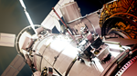 Concept image showing a close-up of the Gateway lunar space station with the HERMES instrument in the foreground and the Orion spacecraft in the background.