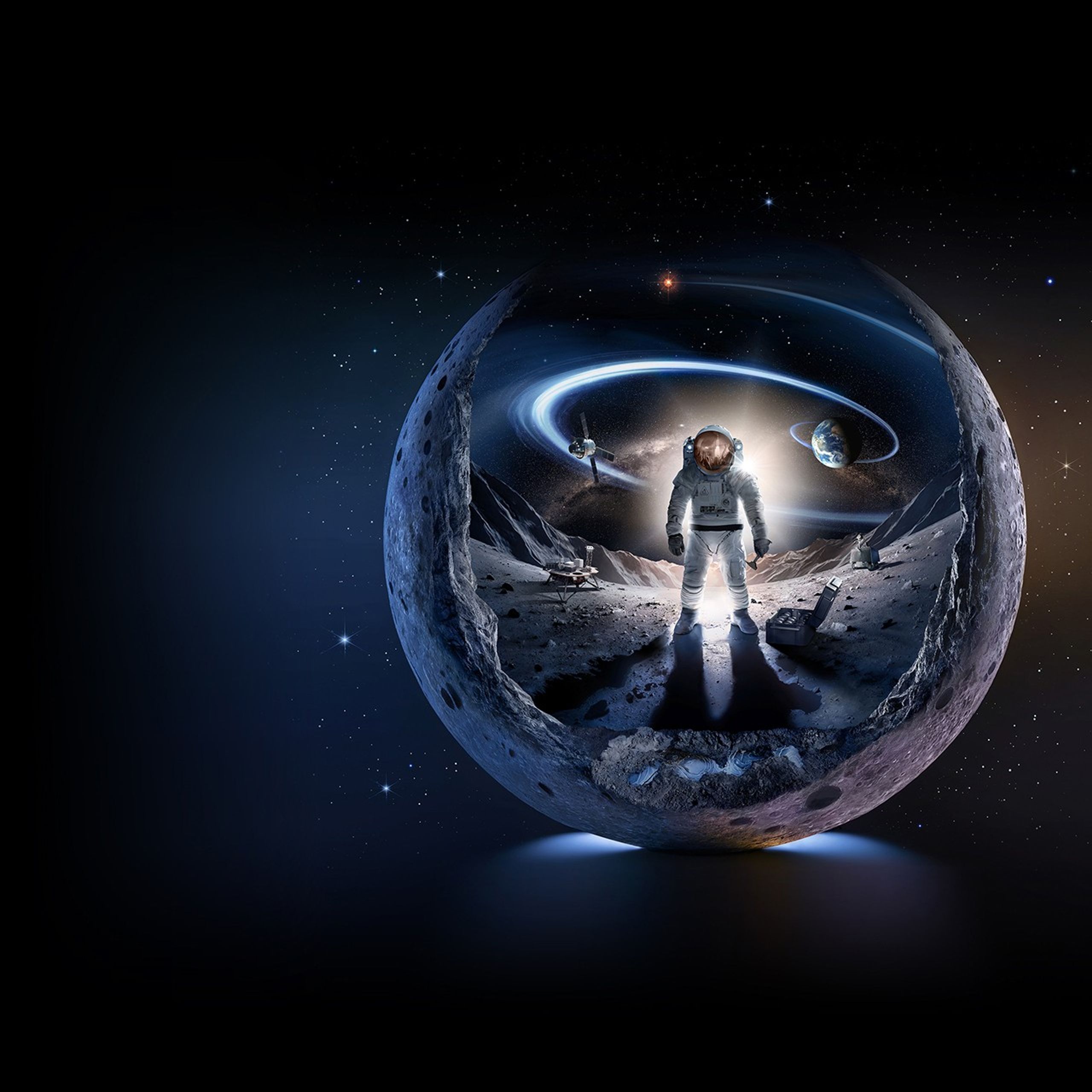 Una representación artística, compuesta por tonos azules fríos y reflejos malva pálido, que muestra a un astronauta de la campaña Artemis de pie en un cráter del polo sur de la Luna. La escena está rodeada por un marco esférico, que se asemeja a la Luna en el exterior y a las paredes del cráter en el interior.