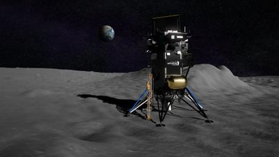 Pictured is an image of the lunar surface. The surface is relatively flat apart from two large mounds and some small, scattered craters. One sits in the bottom right corner and the other is towards the top left. The top left mound has two prominent craters that are located on the middle-left side of the mound.