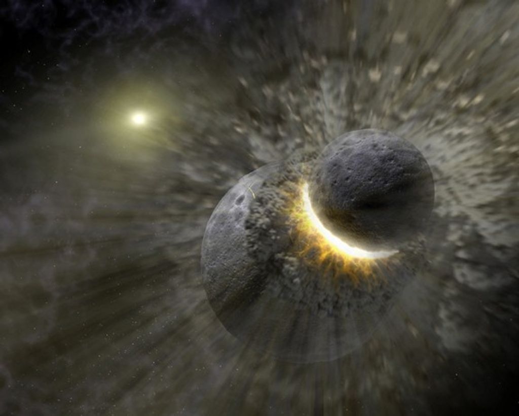 Concepto digital que muestra dos cuerpos del tamaño de un planeta chocando entre sí con una enorme explosión.