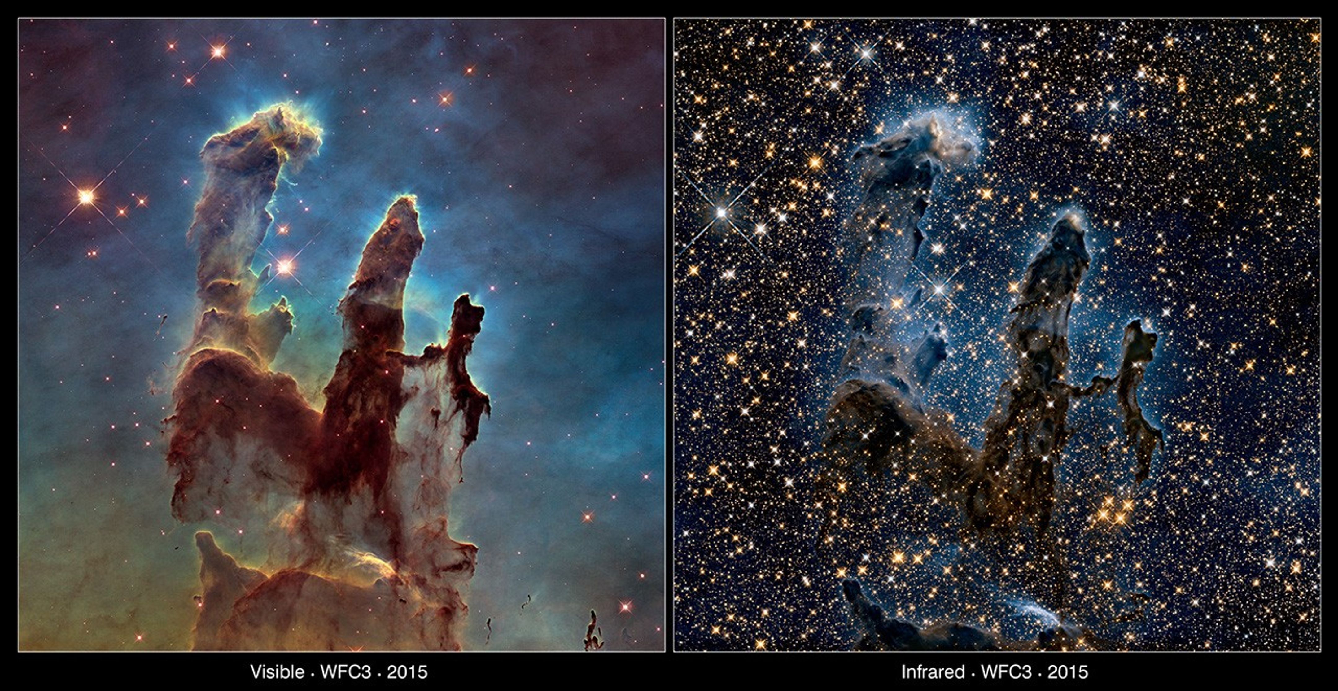 Imágenes de Hubble de los Pilares de la Creación, dentro de la nebulosa del Águila.