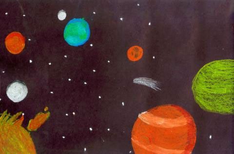 Ilustración infantil que muestra elementos del sistema solar y estrellas contra un fondo negro.
