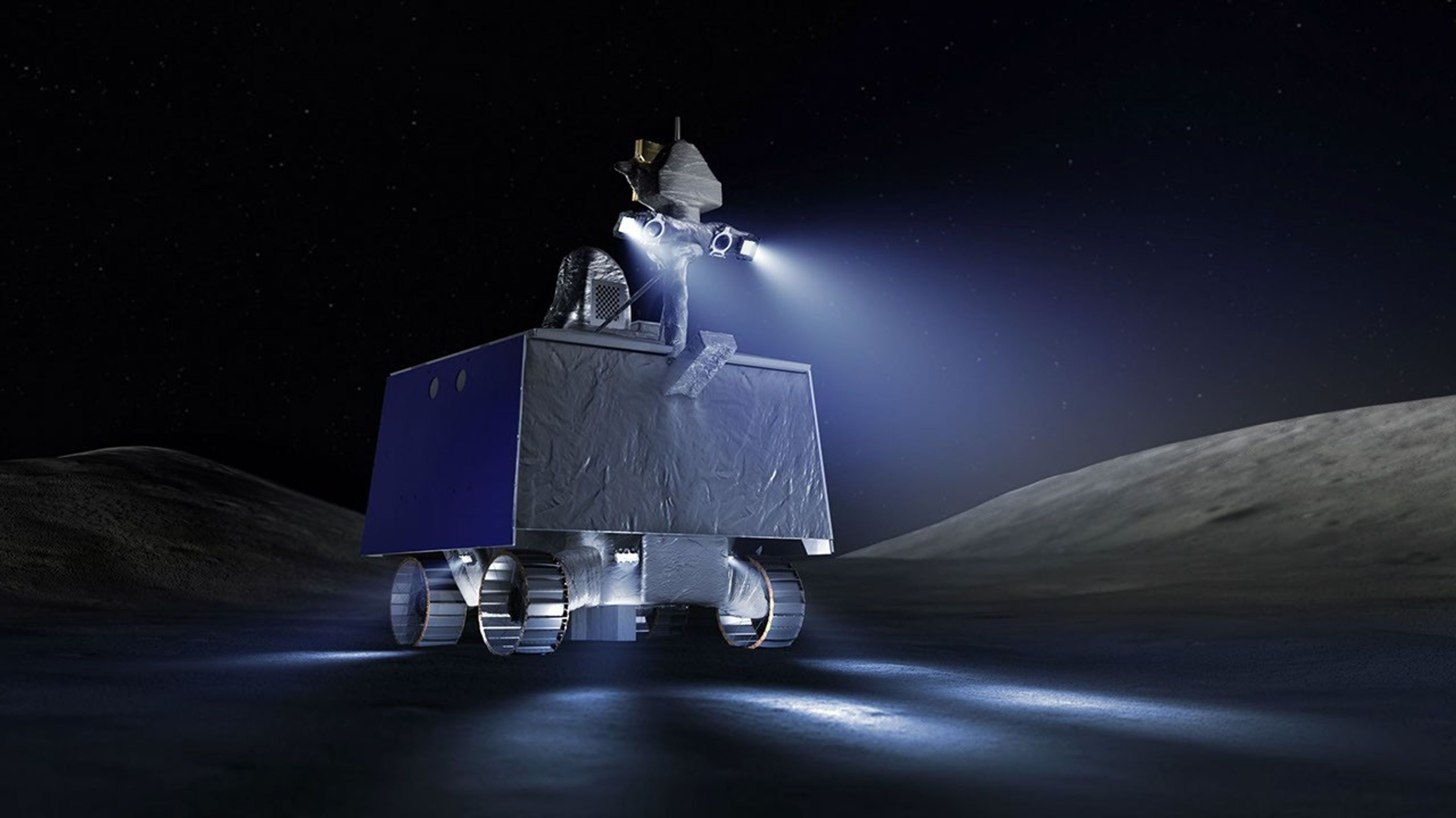 A graphic illustration of the rover known as VIPER. It is mostly grey with blue siding and the central structure is box-like. Four wheels are underneath the rover, which will help it traverse the lunar south pole. Mounted on top of the rover are a couple of additional small structures as well as lights that will shine the way in permanently shadowed regions (PSRS). In the background is a simulation of the Moon�s surface surrounded by black space.
