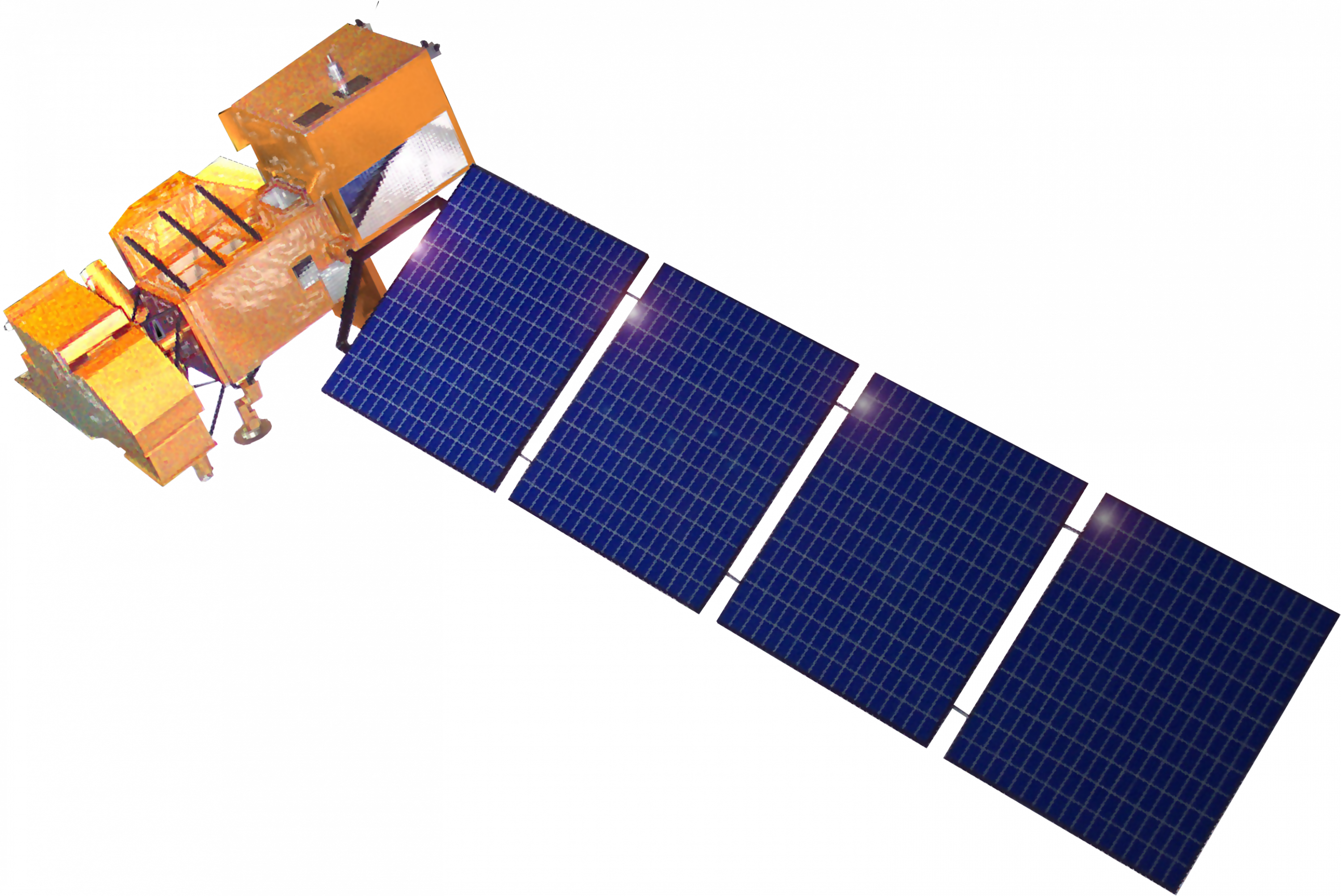 3D model of the Landsat 7 Earth observation satellite displaying its operational configuration with extended solar arrays.