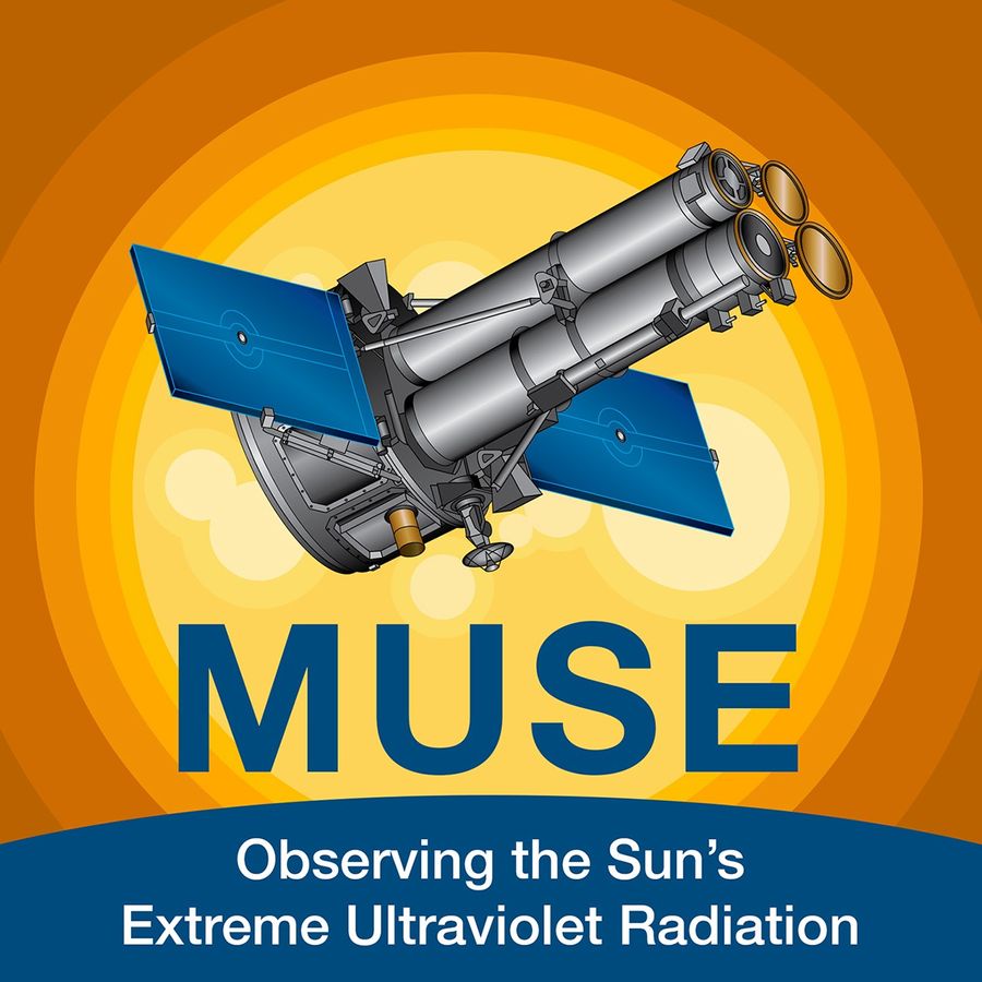 Image of a spacecraft with an illustrated yellow to orange gradient sun in the background; the text reads Muse Observing the Sun's Extreme Ultraviolet Radiation
