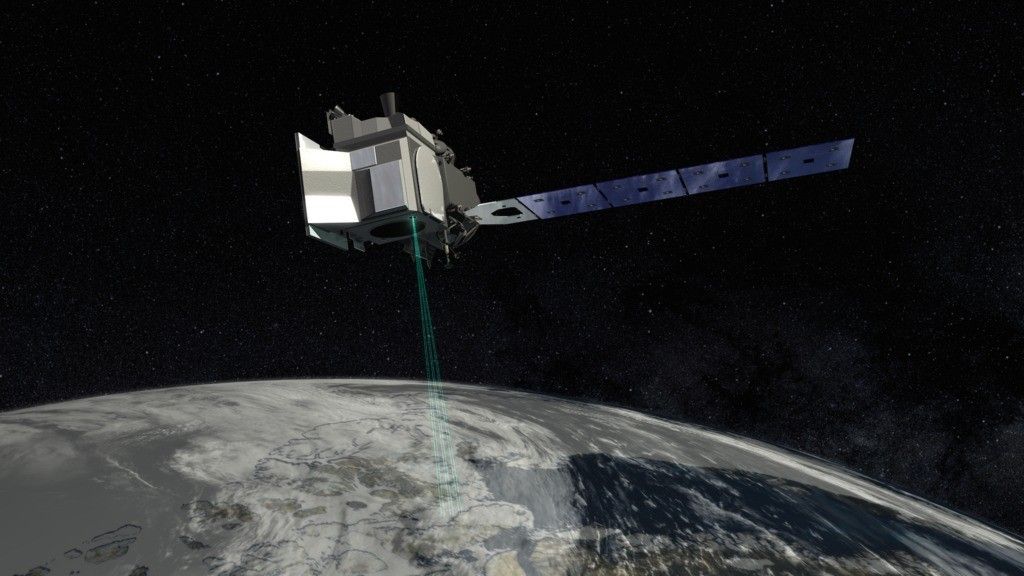 An artist�s rendering of the ICESat-2 satellite with a solar panel coming off to the right and lasers beaming to the Earth which curves across the bottom of the screen.