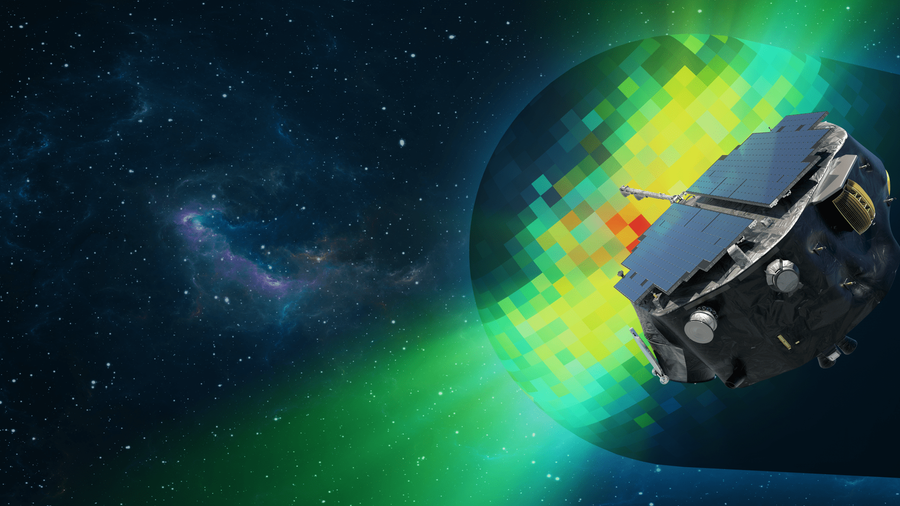 IMAP spacecraft artist's concept. The spacecraft is shown against a bright, rainbow background, representing data observations, overtop space