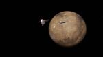 An animation showing Mars against a black background. Two spacecraft � like short gray cyclinders with flat panels on the right and left � orbit the planet.
