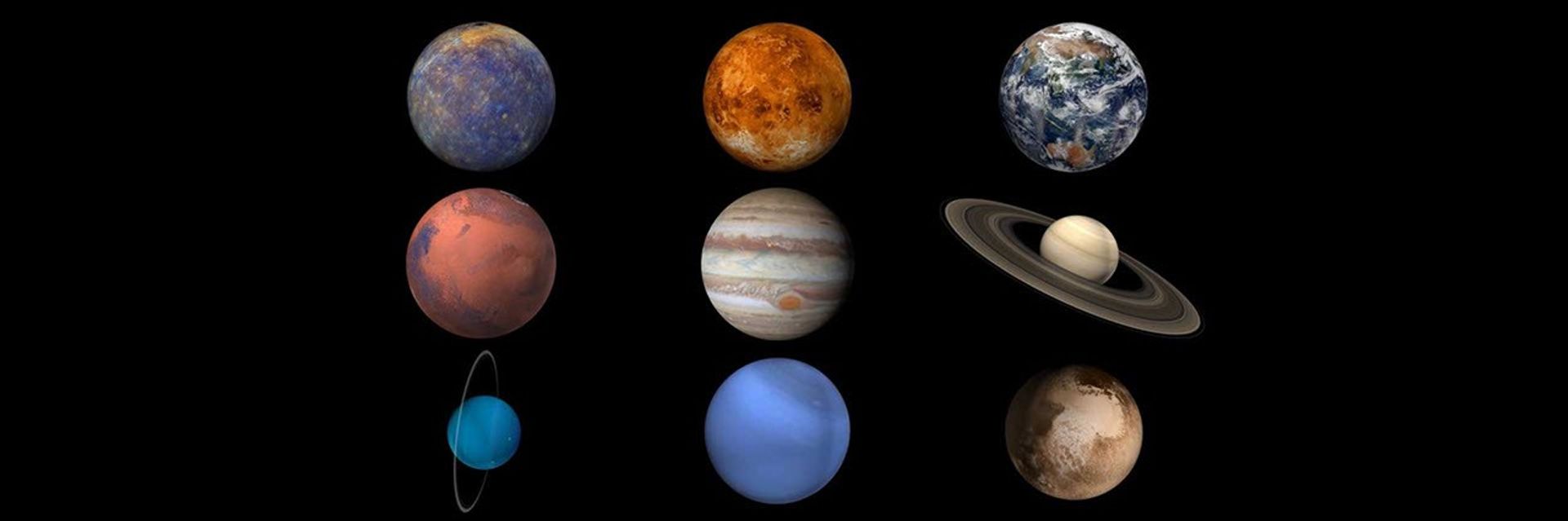 Illustration of eight planets and one dwarf planet displayed three across and three down.