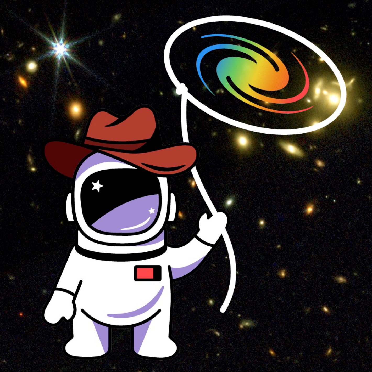 This Redshift Wrangler project logo shows a cartoon depiction of an astronaut in space wearing a white astronaut suit and the kind of brown, wide-brimmed hat a ranch hand or cowpoke might wear. The astronaut holds the end of a lasso, the loop of which circles above the astronaut�s head, having encircled a galaxy. The galaxy is a swirl of colors similar to those that make up the visible light spectrum, blue on the left and fading into green, yellow, orange, and red as the color spreads to the right side of t