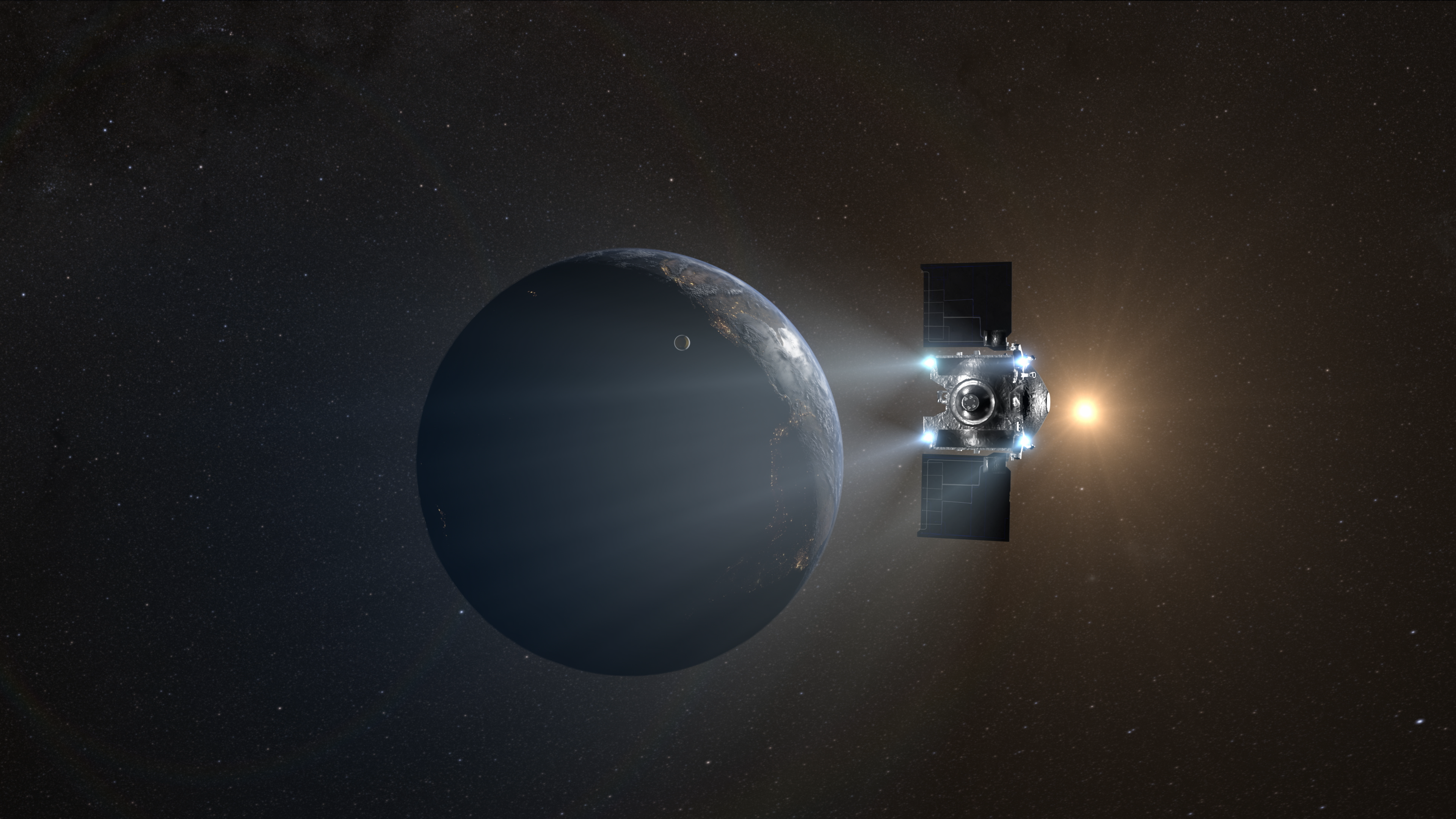 Animation of the OSIRIS-REx spacecraft firing its thrusters after releasing the sample return capsule. Earth is in the background.