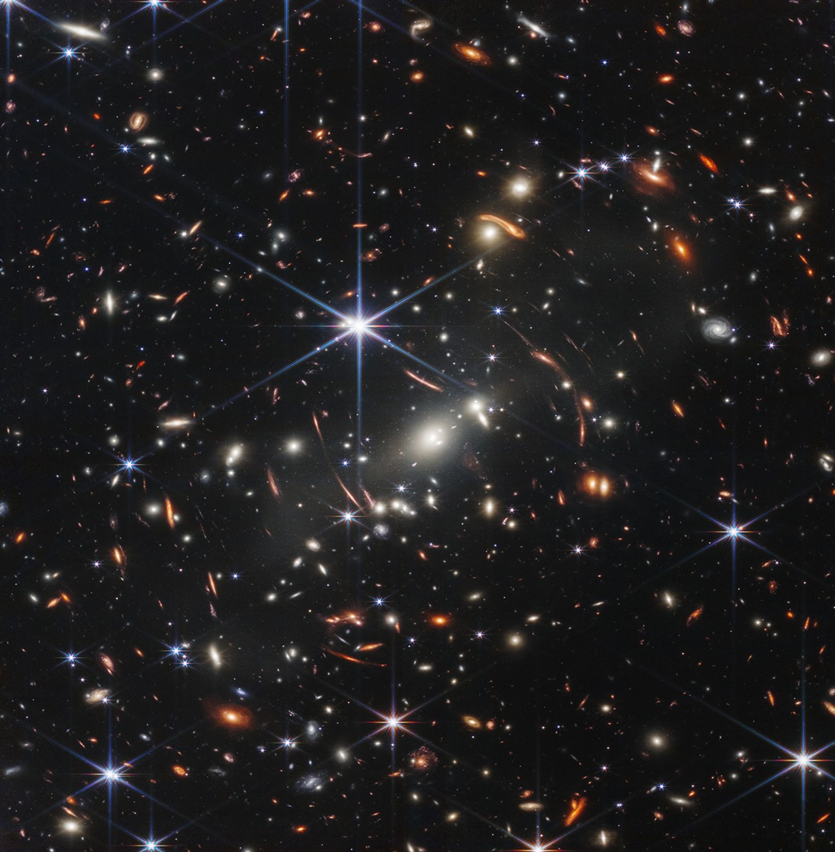 An image containing thousands of galaxies and stars on a black background, taken by the James Webb Space Telescope.