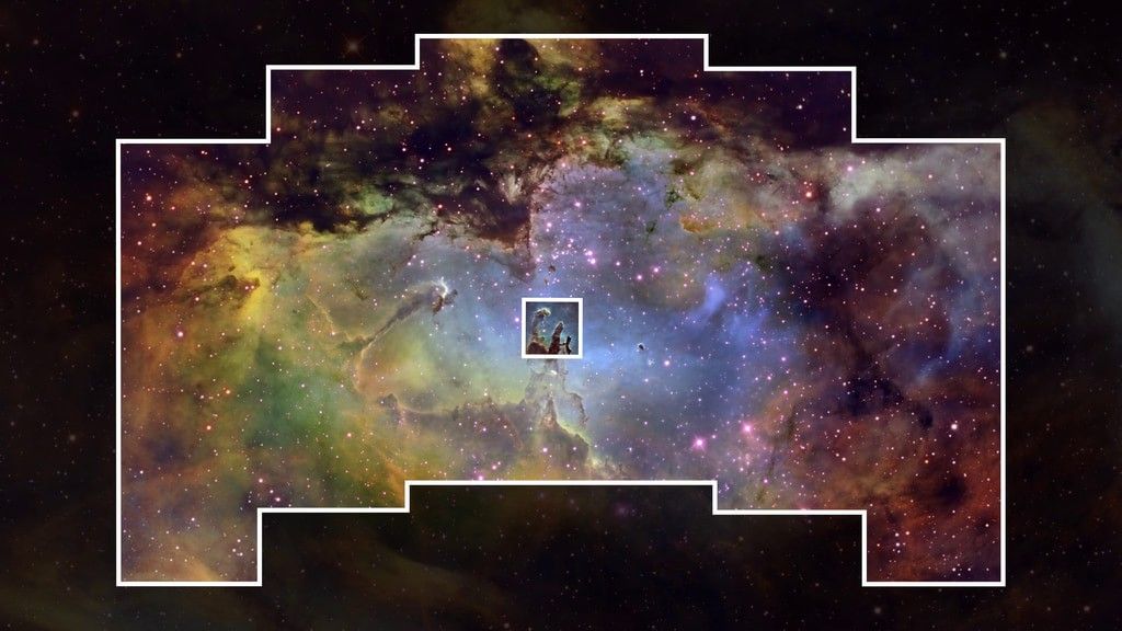 Esta imagen de la nebulosa del Águila muestra la magnífica resolución y el amplio campo de visión del próximo telescopio espacial Nancy Grace Roman de la NASA.