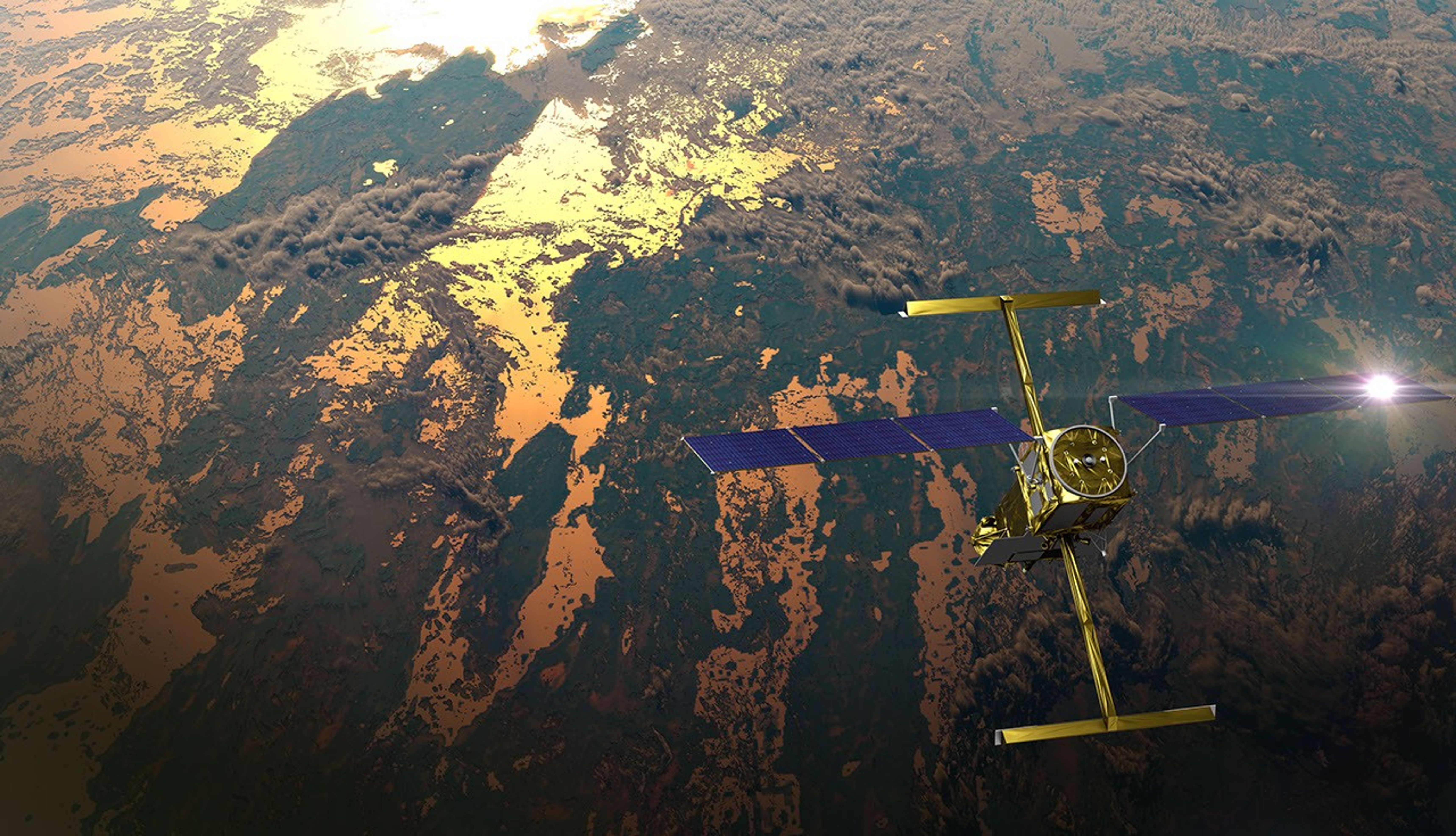 The international Surface Water and Ocean Topography (SWOT) satellite, as shown in this illustration, is the first global mission surveying Earth's surface water. SWOT's high-resolution data helps scientists measure how Earth's bodies of water change overtime.