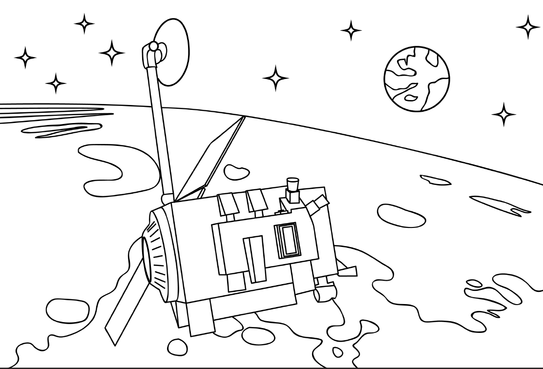 LRO coloring page with line art of the LRO spacecraft flying over the surface of the Moon, and Earth in the background.